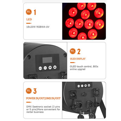 Luz de palco exterior IP65 Impermeável 18x20W LED Par RGBWA+UV 6 em 1 DMX512 Lâmpada de lavagem para festa de casamento Disco Edifício da fachada