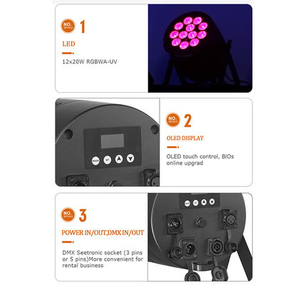 Luz de Lavagem LED Par RGBWA UV de 12*20W Controlada por DMX512 para Eventos, Shows, Parques Temáticos e Concertos