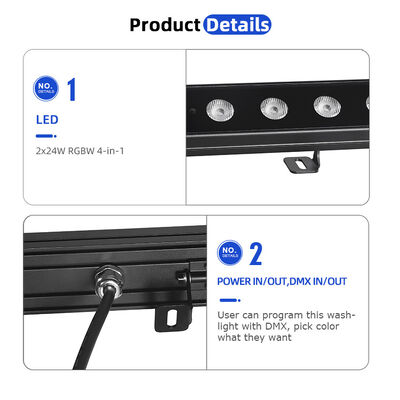 Luz Linear LED RGBW 4 em 1 IP65 para Exterior 2x24W — Luz de Lavagem à Prova d'Água DMX512 para Edifícios, Pontes e Paisagens