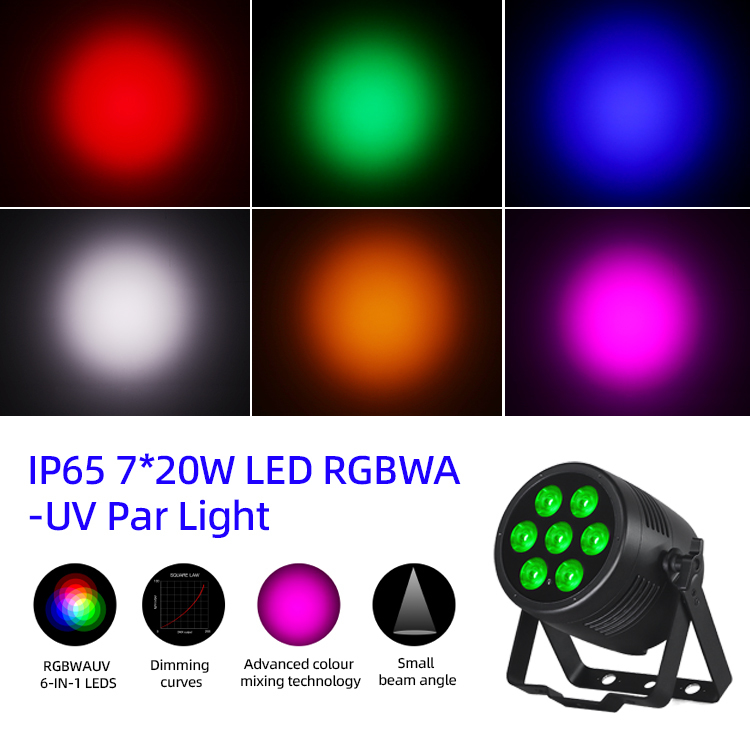 Luzes Par LED 6 em 1 Uplights de Palco 7x20W RGBWA-UV DMX512 Controle Luzes DJ para Exterior para Festas de Palco, Clubes, Discotecas e Casamentos
