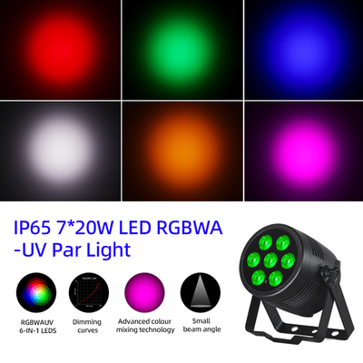Luzes Par LED 6 em 1 Uplights de Palco 7x20W RGBWA-UV DMX512 Controle Luzes DJ para Exterior para Festas de Palco, Clubes, Discotecas e Casamentos