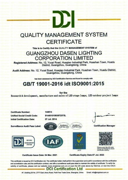 China Guangzhou Dasen Lighting Corporation Limited Certificações